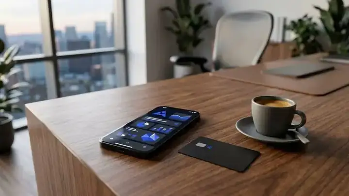 کارت ویزیت دیجیتال هوشمند و کارت NFC روی میز کار مدرن