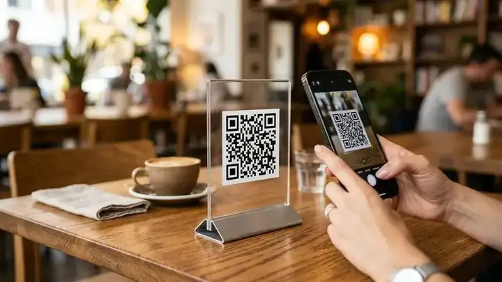 اسکن استند رومیزی بارکد QR با دوربین گوشی موبایل در فروشگاه و کافه